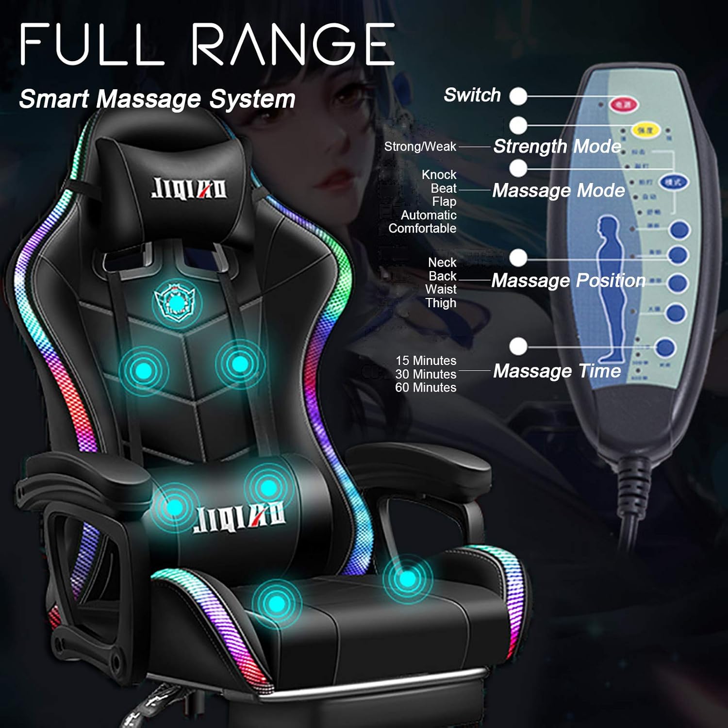 Gaming Chair LED Lights Racing Computer Chair Ergonomic Office Massage Chair with Massager Lumbar Support and Retractible Footrest Adjustment of Backrest, Full Massage, Bluetooth Speaker,Black