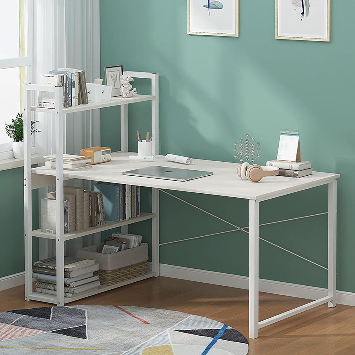 SKY-TOUCH Computer Desk Table with Shelves 120x48cm, 4 Tier Study Table with Bookshelf Desk Storage Reversible Study Table Office Corner Desk with Shelves Home Office Desk Easy Assemble-GCC Home Center
