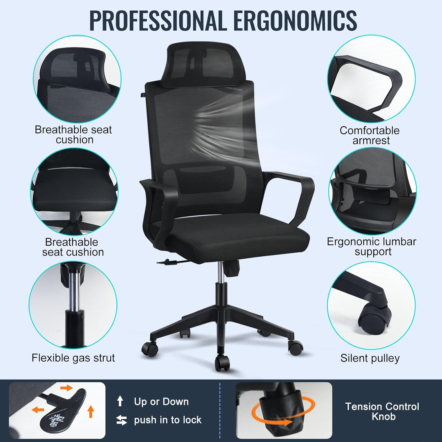 Ergonomic Office Chair with Adjustable Headrest | Desk Chair | Lumbar Support | Large Space Padded Seat Cushion｜with Tilt Back｜Mesh Breathable Backrest｜60 * 60 * 131cm Black