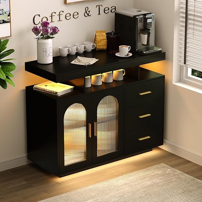 Sideboard Buffet Cabinet with Storage, LED Lights & Charging Station (100 x 40 x 80 cm)