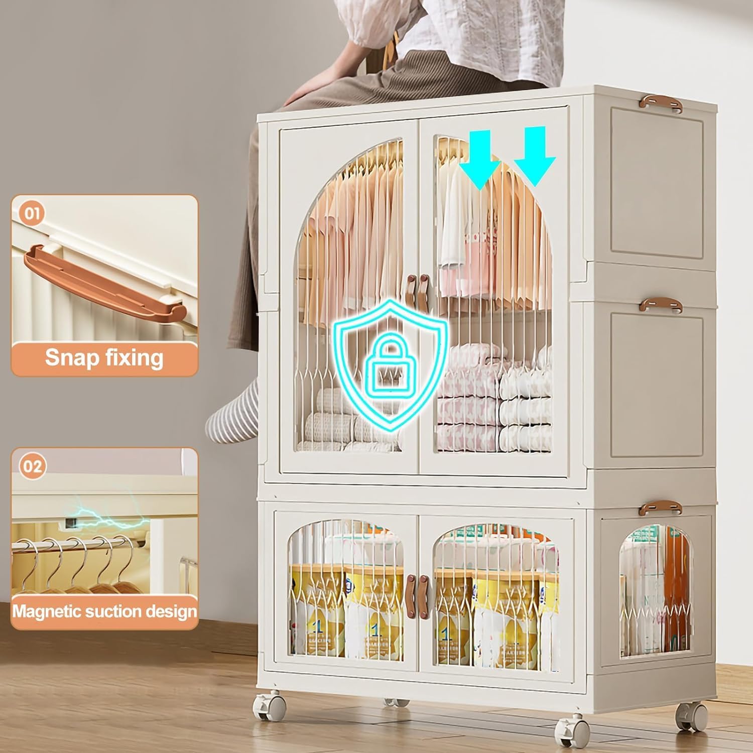 OYDAS Wardrobe Portable Closet, Stackable Storage Bins with Doors,Wheels,Lids,Collapsible Plastic Closet Organizers Storage Cabinet with Closet Rods,Folding Storage Bins (S70-136x60x35cm)-GCC Home Center