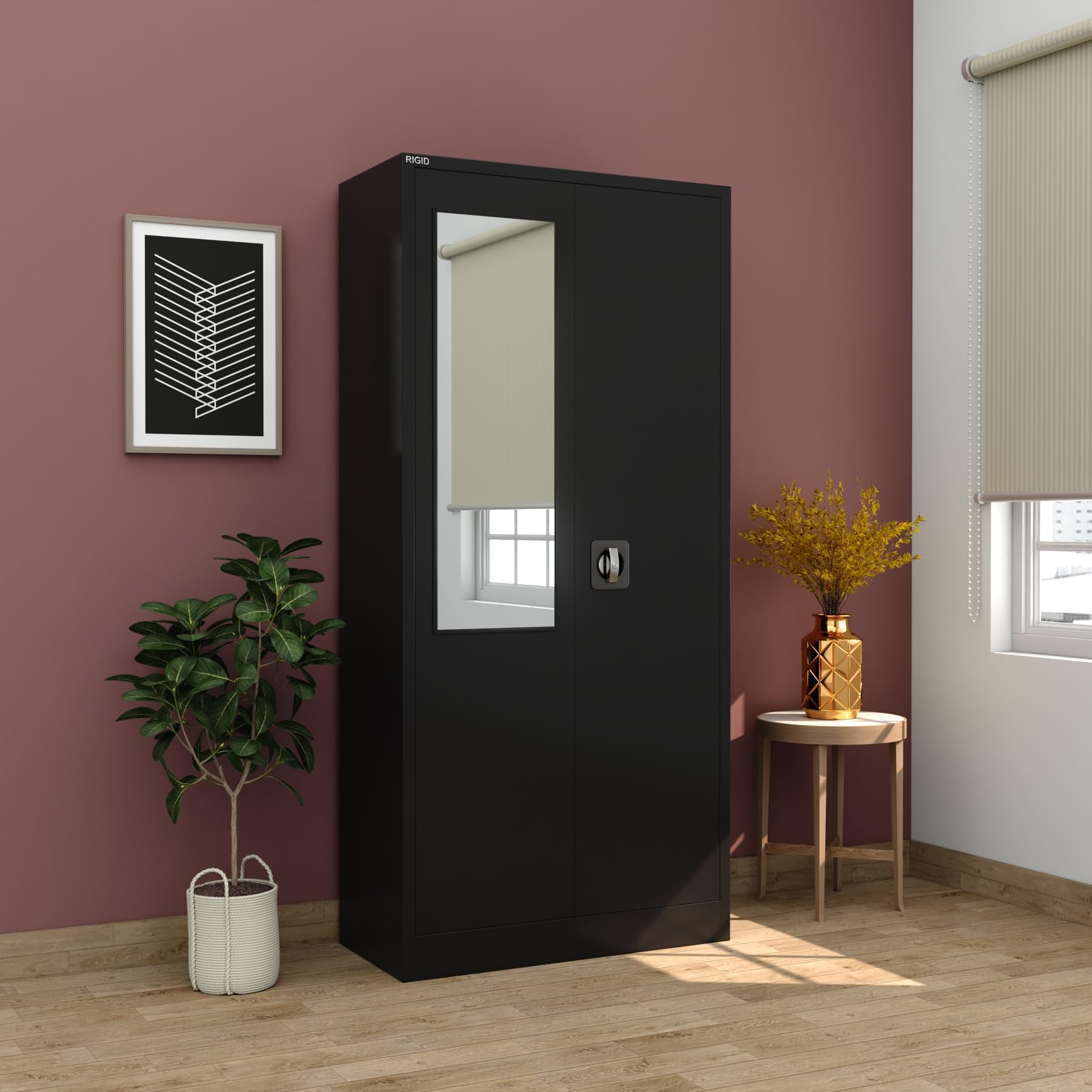 RIGID Steel Home Cupboard with Clothes-Hanging Space Shelving and Front Door Mirror (White)-GCC Home Center