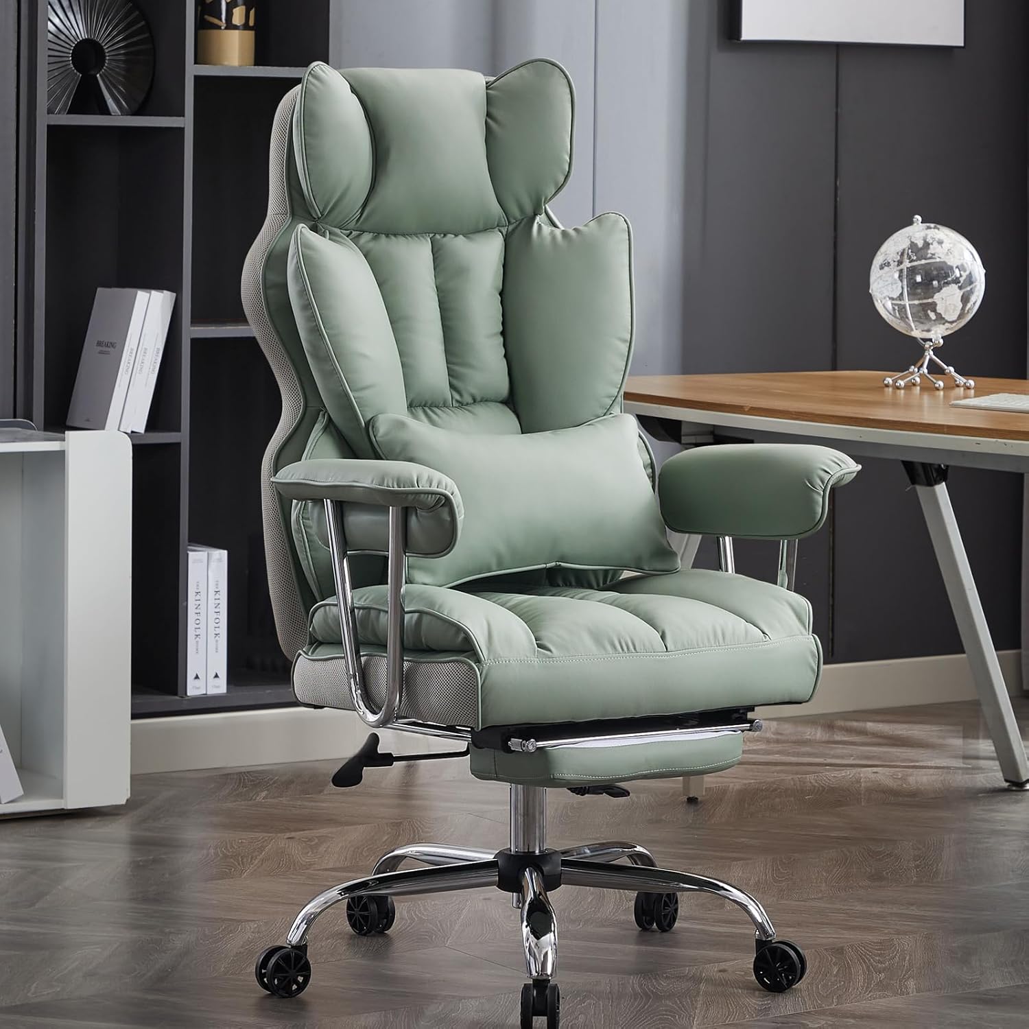 Efomao Big and Tall Office Chair 400lbs – PU Leather Executive Desk Chair with Lumbar Support & Leg Rest, Heavy-Duty Computer Chairs for Home Office, Green