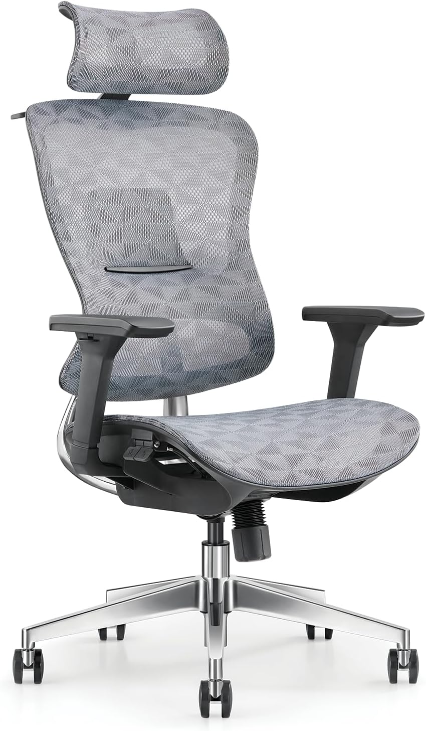 MOBILIA ErgoMesh Pro Executive Office Chair, Grey Mesh Design + CA117 Fireproof Certified, Adjustable 3D Armrests, Headrest & Multi Functional Controls, Heavy Duty Aluminium Base + 5 Years Warranty-GCC Home Center