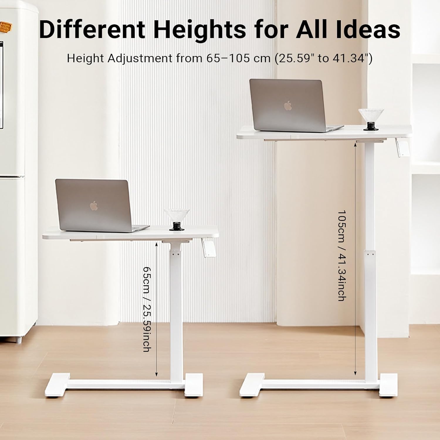 Xmart Adjustable Overbed Table with Wheels，Pneumatic Mobile Standing Desk，Rolling Computer Car，Laptop Desk Multi-Purpose for Home and Medical Use，Sofa Side Table, Movable Bed Table (80x40cm, White)