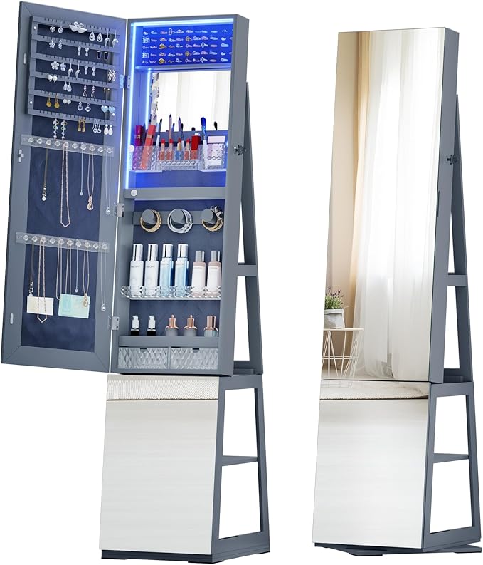 Mirror Jewelry Cabinet with Storage – 360° Swivel Jewelry Armoire, Light And Shelves