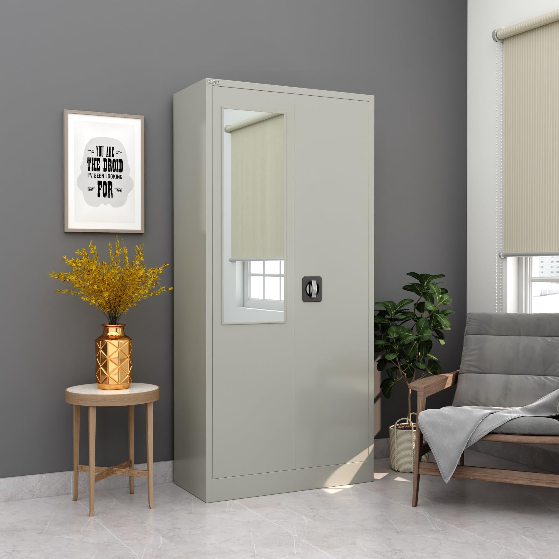 RIGID Steel Home Cupboard with Clothes-Hanging Space Shelving and Front Door Mirror (White)-GCC Home Center