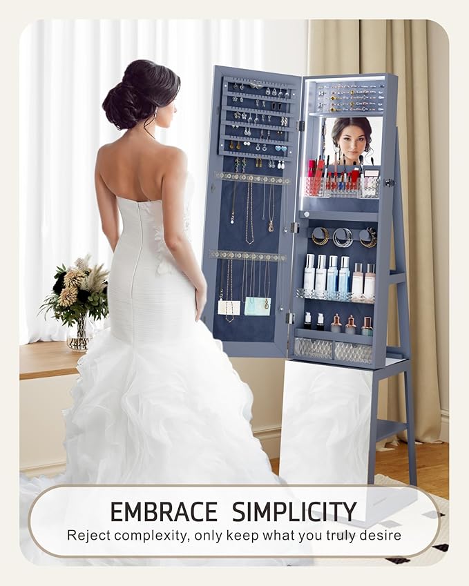 Mirror Jewelry Cabinet with Storage – 360° Swivel Jewelry Armoire, Light And Shelves