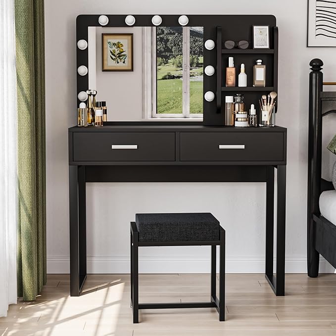 Vanity Desk with Mirror, With Chair and 10 LED Lights, with 2 Big Drawers and Side Shelves for Storage-GCC Home Center