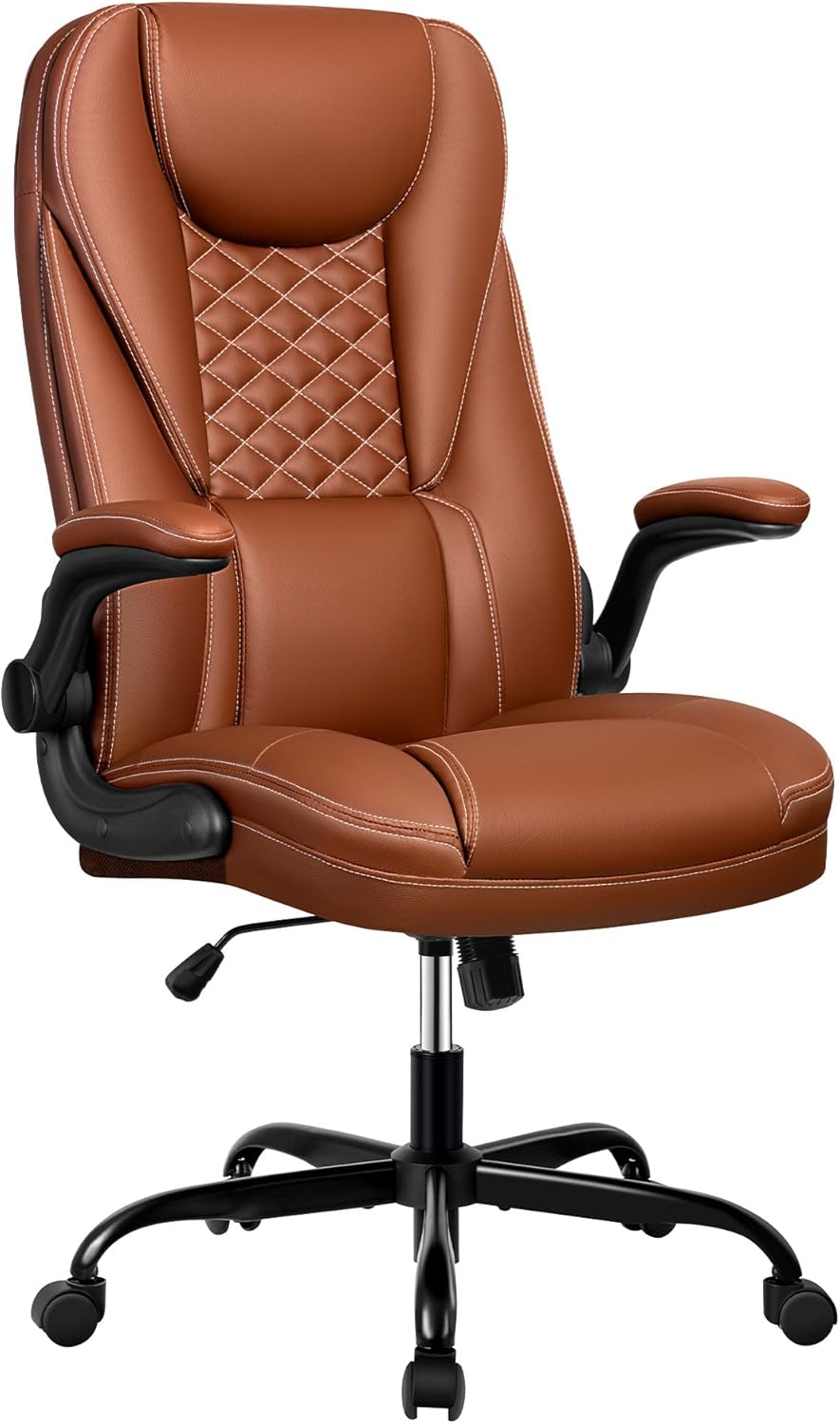 Guessky Office Chair, Big and Tall Office Chair Executive Office Chair Ergonomic Leather Chair with Lumbar Support High Back Home Office Desk Chairs Computer Chair with Adjustable Flip-Up Arms (Brown)