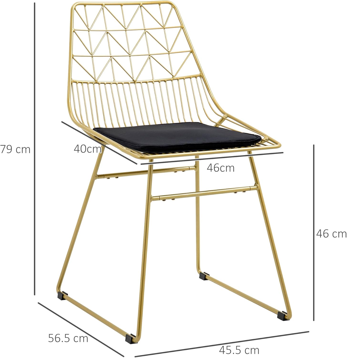 HOMCOM Luxurious Dining Chairs Set of 2, Metal Wire Kitchen Chair with Removable Velvet-feel Cushion, Cut-out Back and Steel Frame for Dining Room, Gold Tone