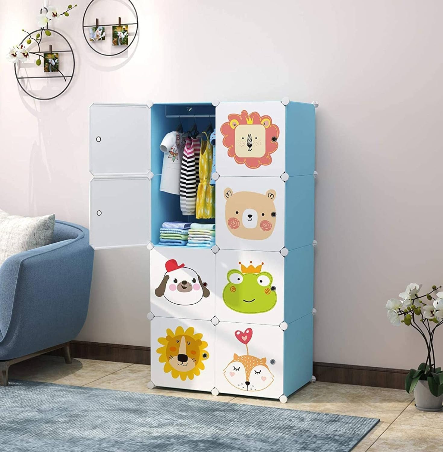 LACOSSI Wardrobe for Clothes, Kids Almirah for Clothes, Multi-Purpose Collapsible Wardrobe for Kids Clothes/Toys/Books, Baby Cupboard for Clothes Storage in (Kids Blue, 8-Door)-GCC Home Center