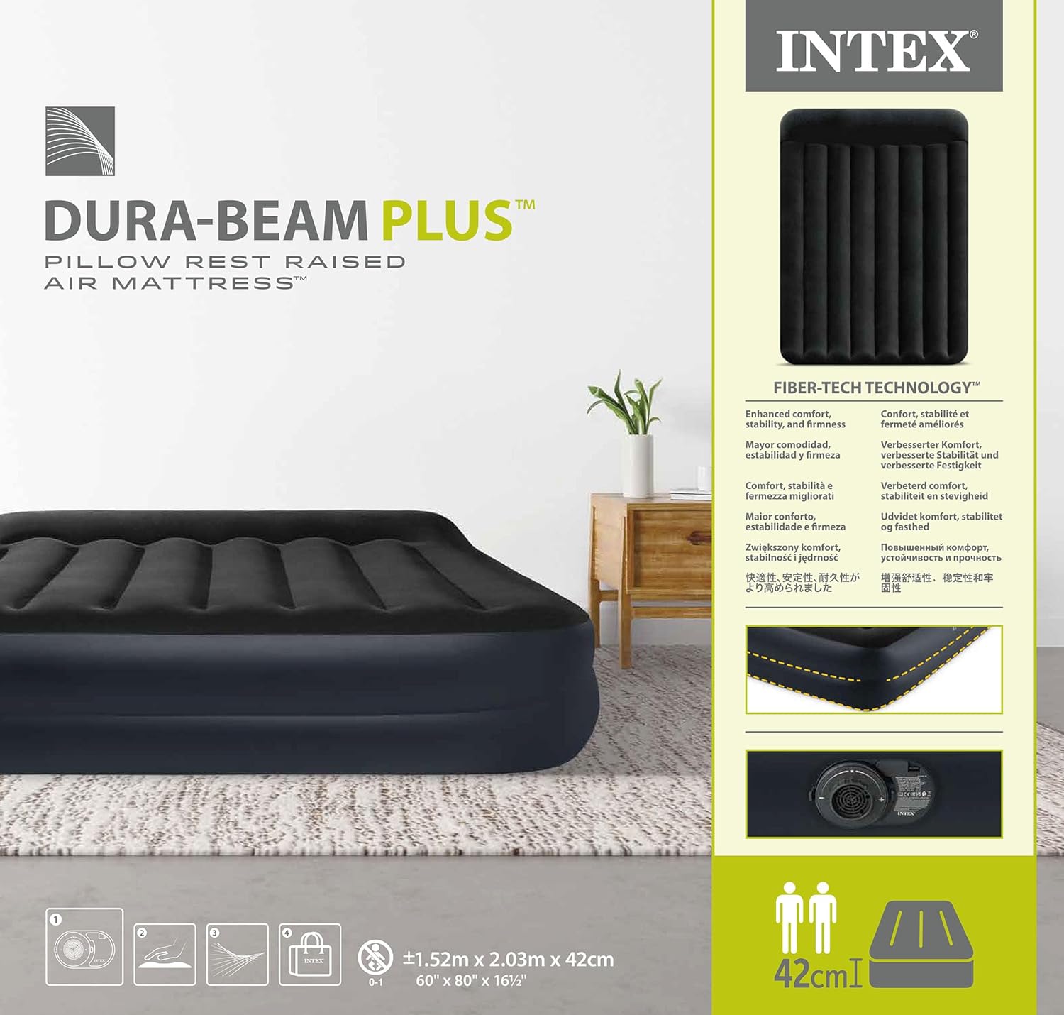 Intex Airbed Inflatable Double Mattress With Bulit In Electric Pump,152 X 203 X 42 Cm, 64124, Black, Durabeam Queen Pillow Rest Airbed W/E.Pump152X203X42, 64124