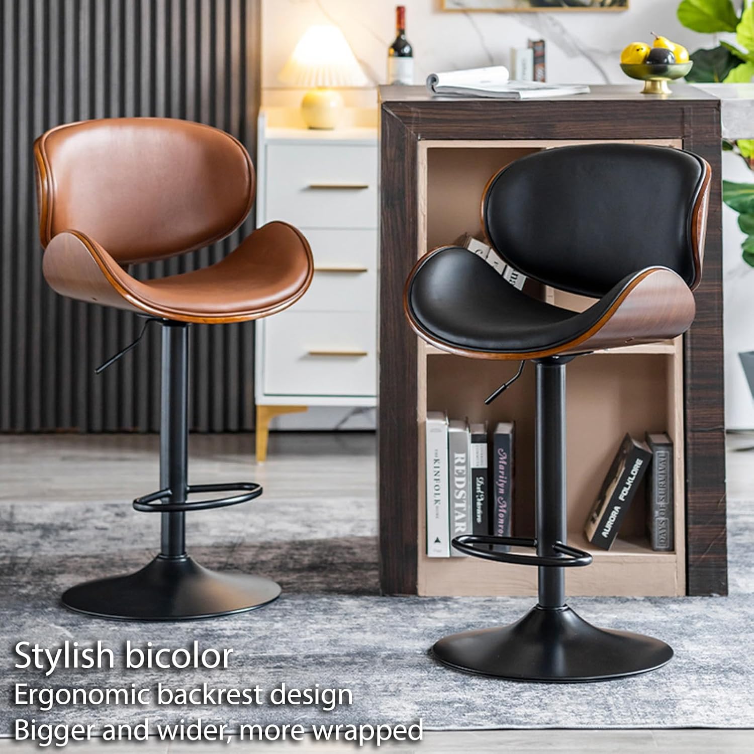 COOLBABY Bar chairs Lift leather bar chairs Light luxury home front desk high chairs Adjustable swivel seats High stools Low back kitchen island, dining room 1PC (Black)-GCC Home Center