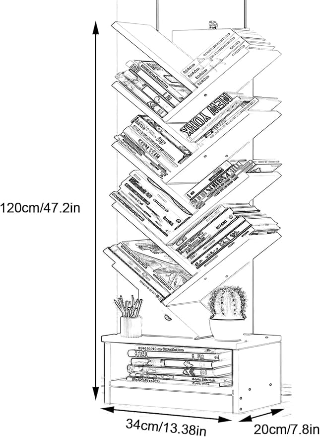 Tree Shaped Bookshelf – Slim Floor Standing Bookcase with Storage Cabinet