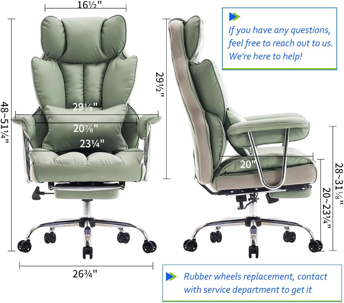 Efomao Big and Tall Office Chair 400lbs – PU Leather Executive Desk Chair with Lumbar Support & Leg Rest, Heavy-Duty Computer Chairs for Home Office, Green