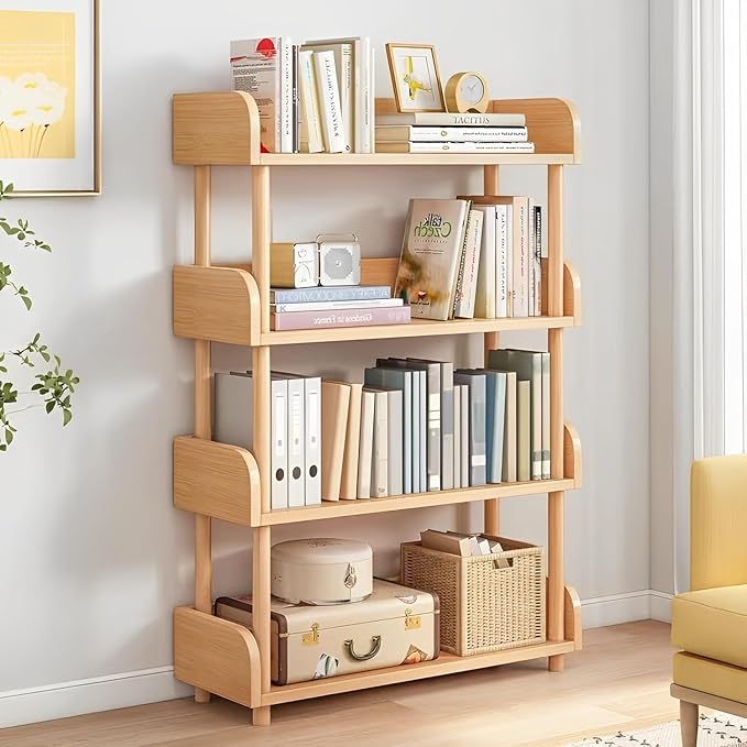 4-Tier Wooden Open Bookcase (Oak) – Modern Bookshelf with Solid Wood Frame