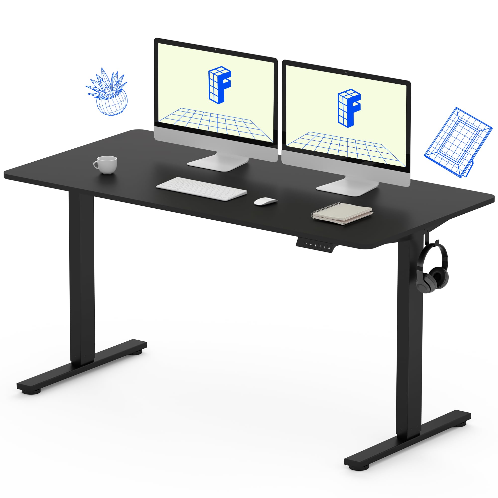 Flexispot 55 X 28 Inches Electric Stand Up Metal Desk Workstation, Whole Piece Desk Board Home Office Computer Standing Table Height Adjustable Desk Black Frame and 55 Black Top-GCC Home Center
