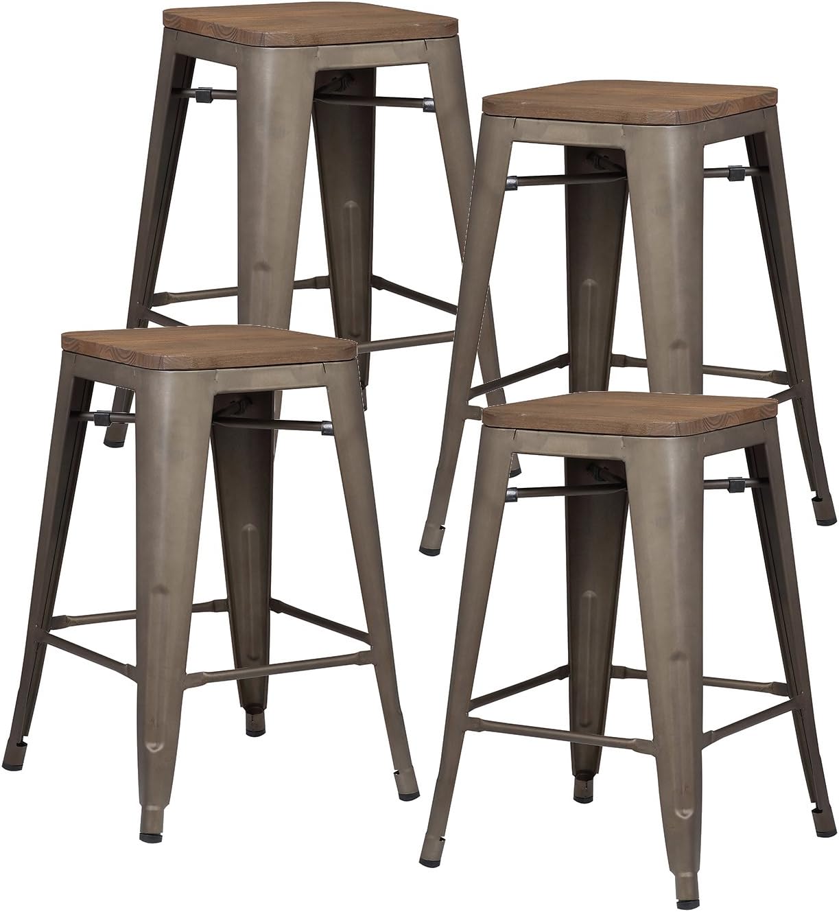 EdgeMod Trattoria 24' Counter Height Industrial Bar Stool with Elmwood Seat, Stackable, Bronze (Set of 4)-GCC Home Center