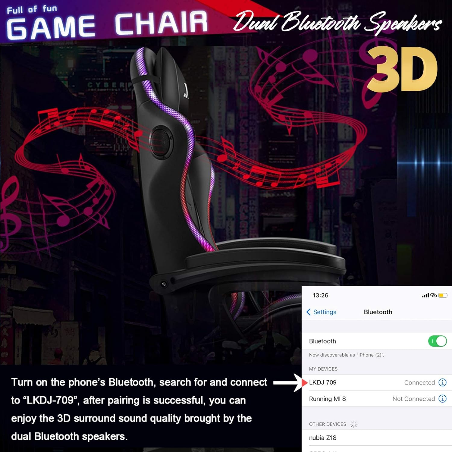 Gaming Chair LED Lights Racing Computer Chair Ergonomic Office Massage Chair with Massager Lumbar Support and Retractible Footrest Adjustment of Backrest, Full Massage, Bluetooth Speaker,Black