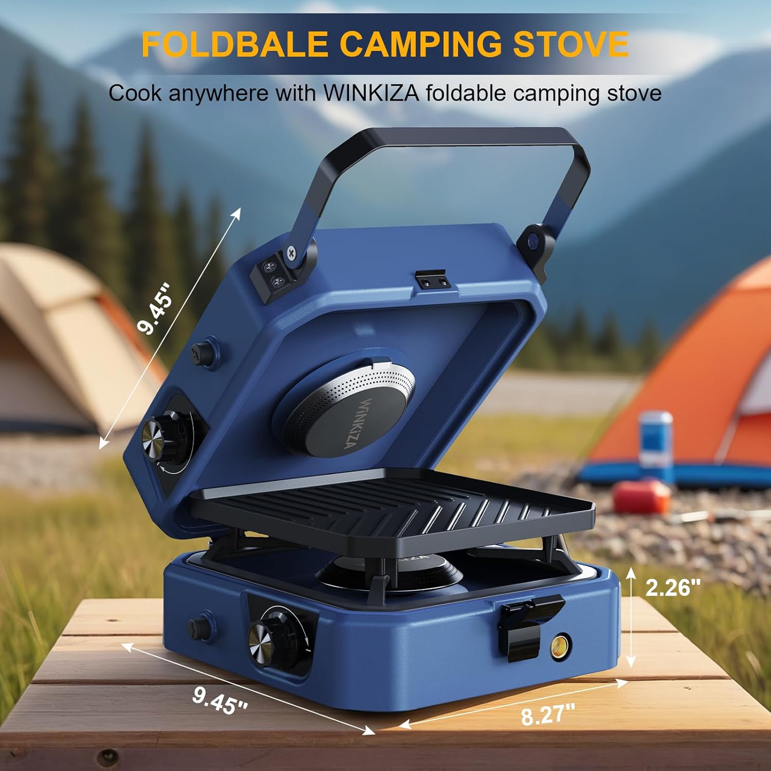 Folding Camping Stove, 2 Burner Propane Stove, Outdoor Gas Stove With Griddle Pan, Portable Folding Camp Stove with Push-Button Instant Ignition
