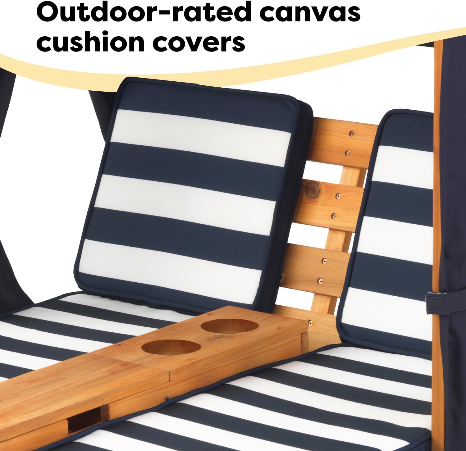 KidKraft Wooden Outdoor Double Chaise Lounge with Cup Holders, Kid's Patio Furniture, Honey Navy and White Striped Fabric, Gift for Ages 3-8