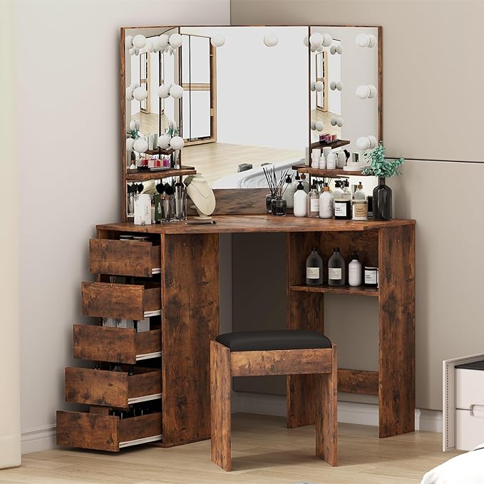Vanity Desk with Mirror and Lights, Large Dressing Tables with Charging, 5 Drawers, Shelves and Vanity Stool-GCC Home Center
