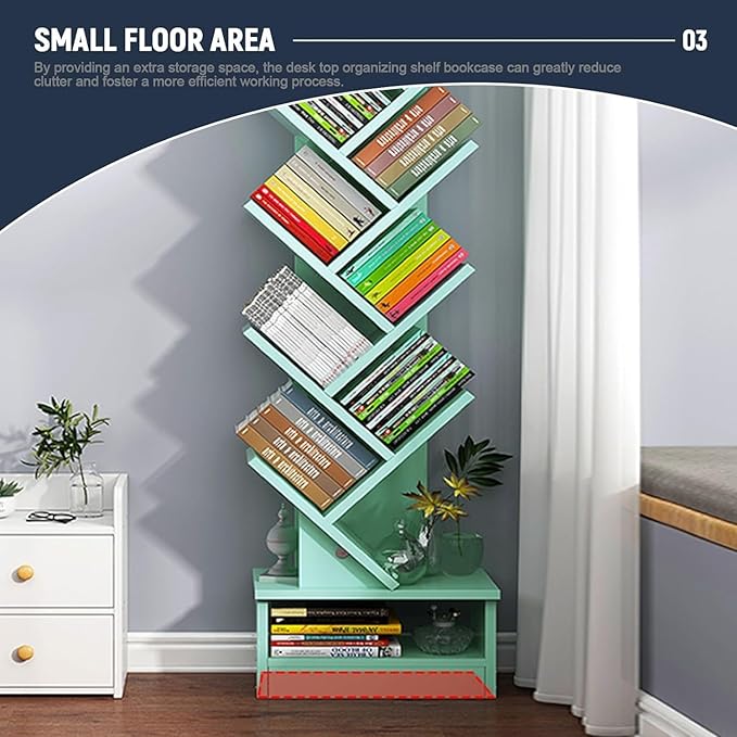 Tree Shaped Bookshelf – Slim Floor Standing Bookcase with Storage Cabinet