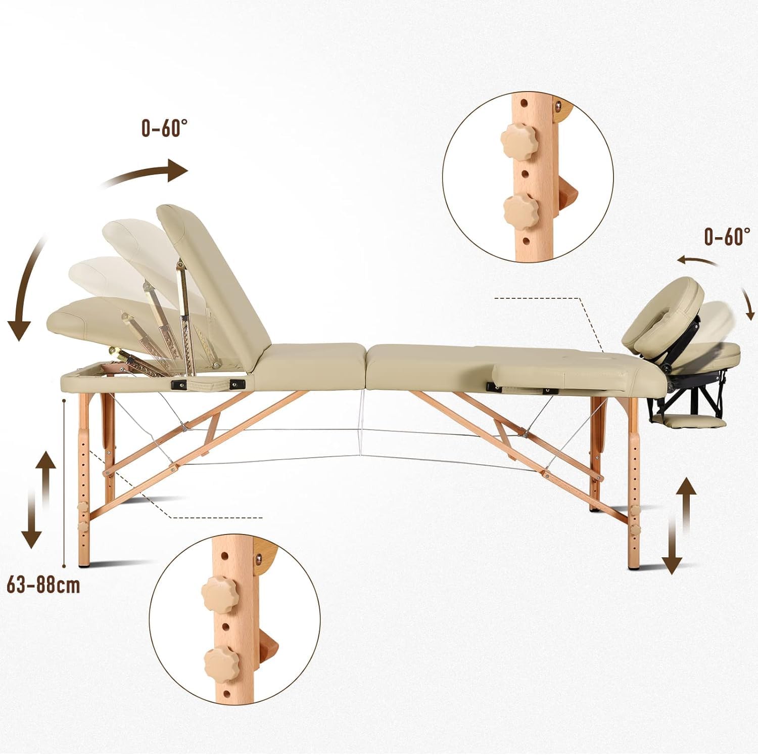 28" Portable Massage Table With Backrest Free Wheeled Carry Case, Folding SPA Bed, Lightweight, Spa Tattoo Couch Bed, 3/2 Zones with Height-Adjustable, Beige Color