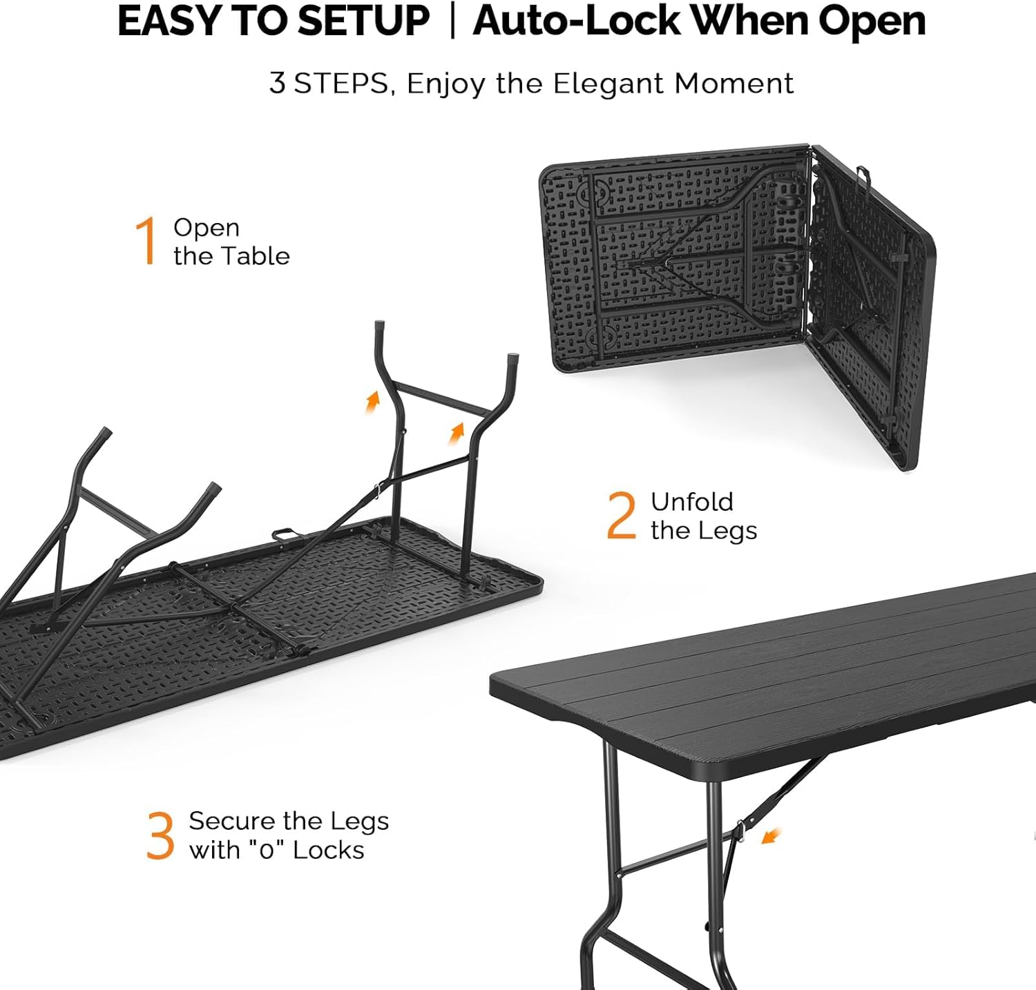 1.8M Folding Lightweight Trestle Camping Table – Black (180×75×75cm)
