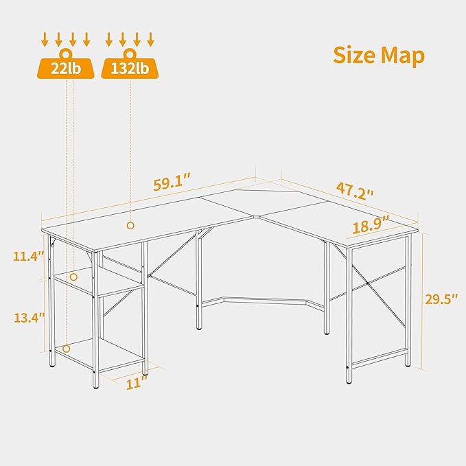 L Shaped Computer Desk, 150 cm Industrial Office Desk with Storage Shelves - Black