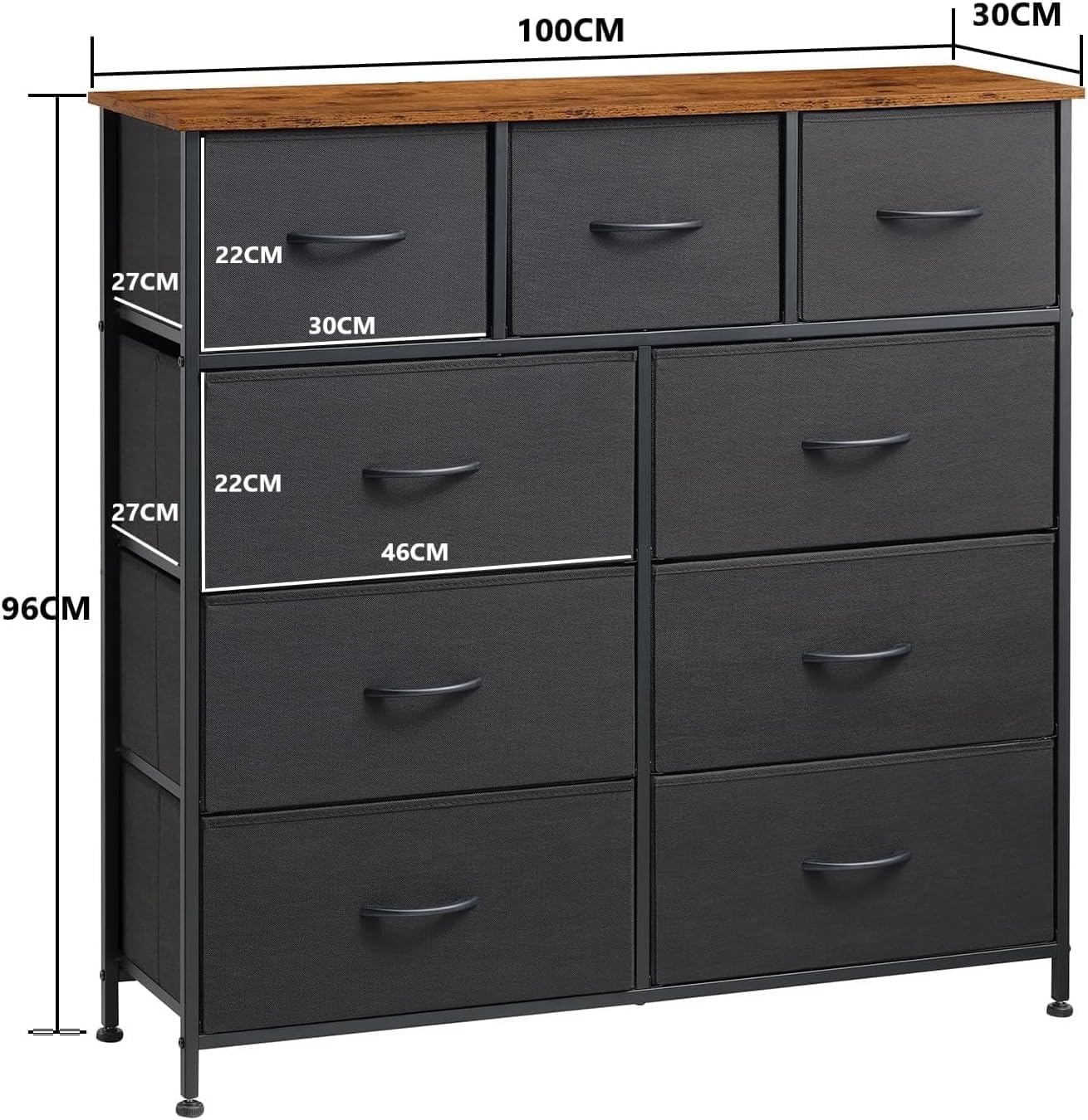 SKY-TOUCH Storage Cabinet : Bedroom Dresser with 9 Drawers Wide Storage Chest with Removable Fabric Bins Storage Organizer Unit for Living Room Entryway Hallway Nursery Kids Room (100*30*96CM White)-GCC Home Center