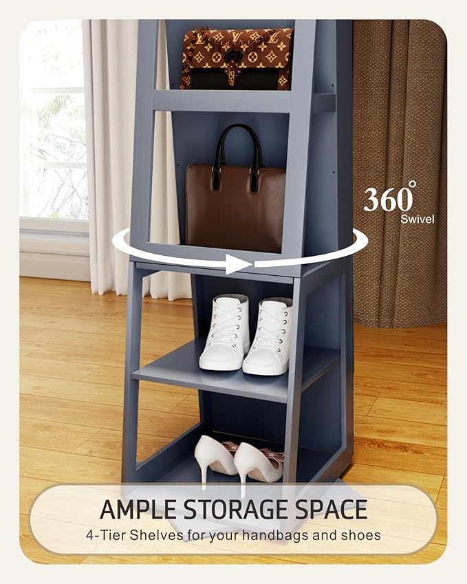 Mirror Jewelry Cabinet with Storage – 360° Swivel Jewelry Armoire, Light And Shelves