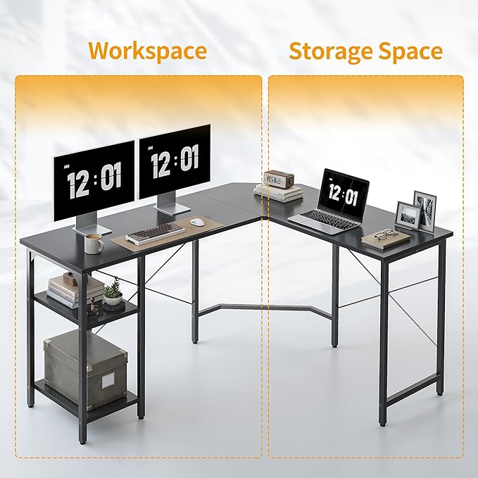 L Shaped Computer Desk, 150 cm Industrial Office Desk with Storage Shelves - Black