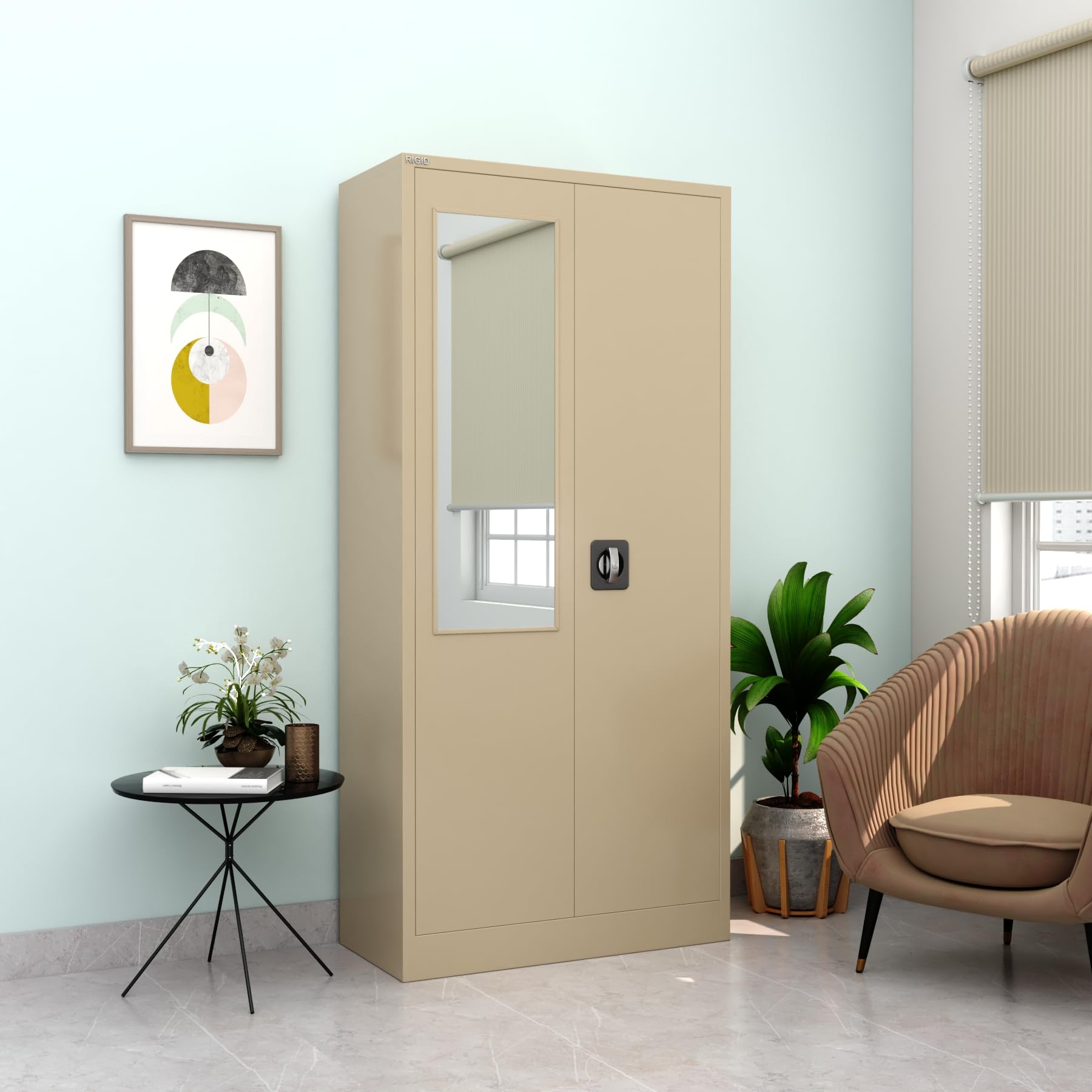 RIGID Steel Home Cupboard with Clothes-Hanging Space Shelving and Front Door Mirror (White)-GCC Home Center