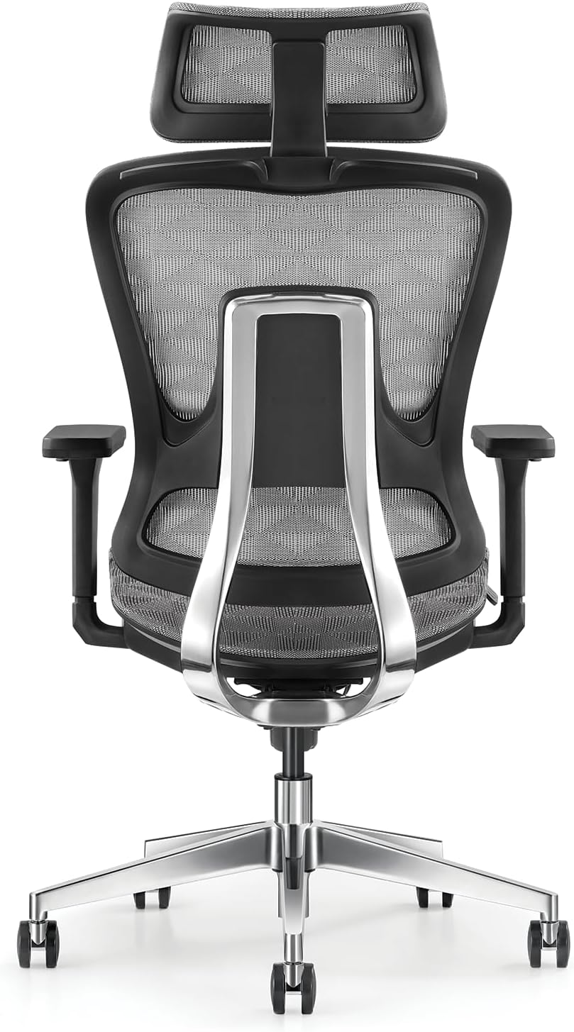MOBILIA ErgoMesh Pro Executive Office Chair, Grey Mesh Design + CA117 Fireproof Certified, Adjustable 3D Armrests, Headrest & Multi Functional Controls, Heavy Duty Aluminium Base + 5 Years Warranty-GCC Home Center