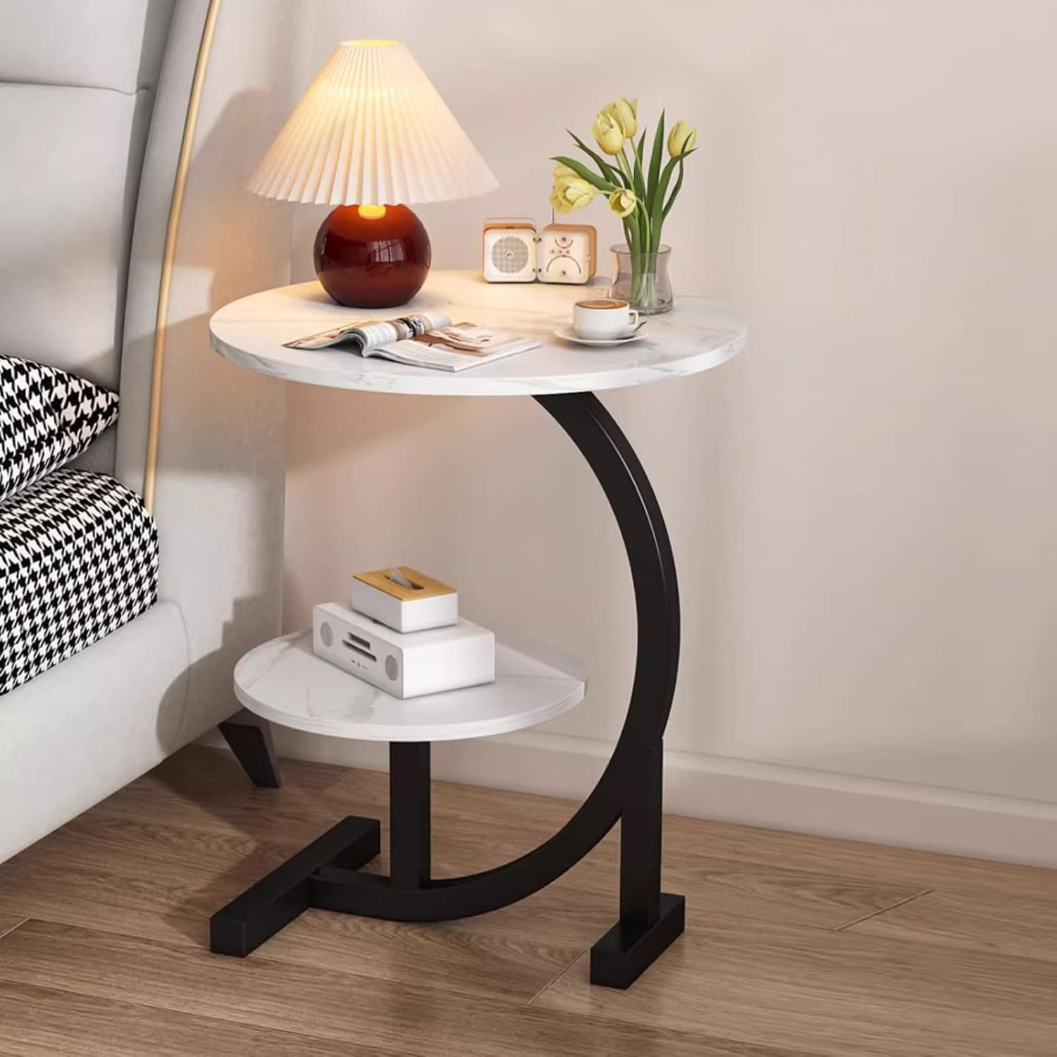 Beauenty Round Side Table Coffee Couch Bedside Table End Table for Small Spaces C Shaped End Table Drink Table for Living Room, Bedroom, Office, Dorm (White Marble)