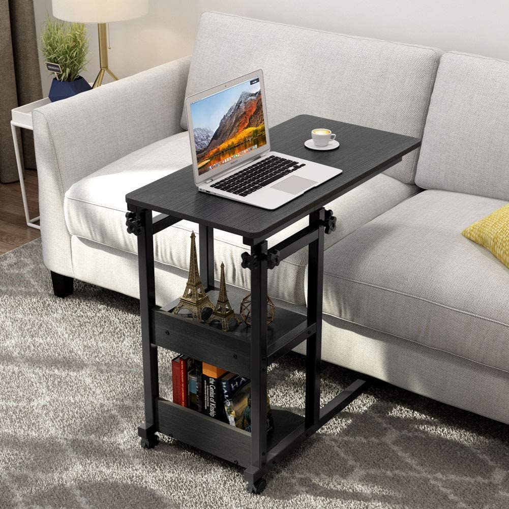 C-Shaped Snack Side Table with Wheels | Rolling Laptop Cart with Storage Shelves for Sofa, Bed & Living Room