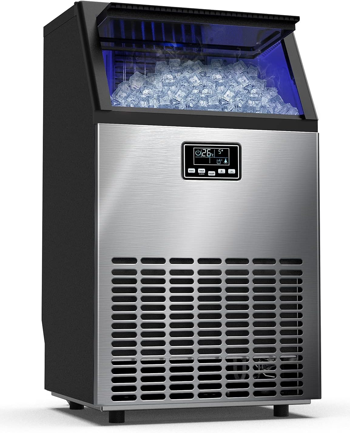 COOLBABY Ice Maker Commercial Machine Self Clean, 44 Cubes per Batch in 11-18 Minutes 100KG/24H,15KG Storage Bin, Advanced LCD Panel w/Clear Indicators, Freestanding for Restaurant/Home/Food Truck Use