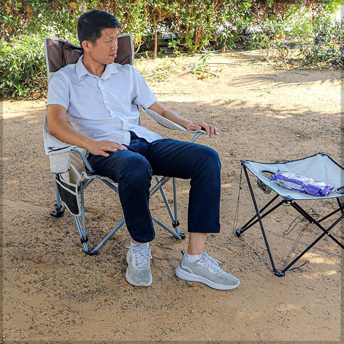 Camping Chair, Foldable Chair with Armrests and Adjustable Backrest, Portable Picnic Chair with Cup Holder & Head Pillow-GCC Home Center