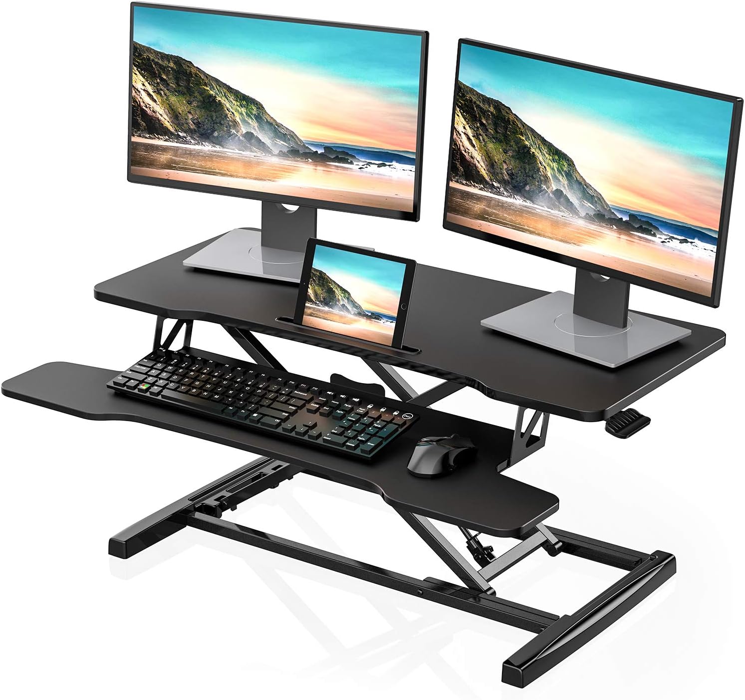 Height Adjustable Standing Desk 32” Wide Sit to Stand Converter Stand Up Desk Tabletop Workstation for Laptops Dual Monitor Riser Black SD309101WB