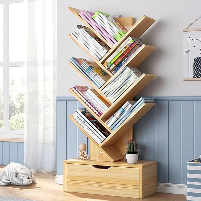 Tree Shaped Bookshelf – Slim Floor Standing Bookcase with Storage Cabinet