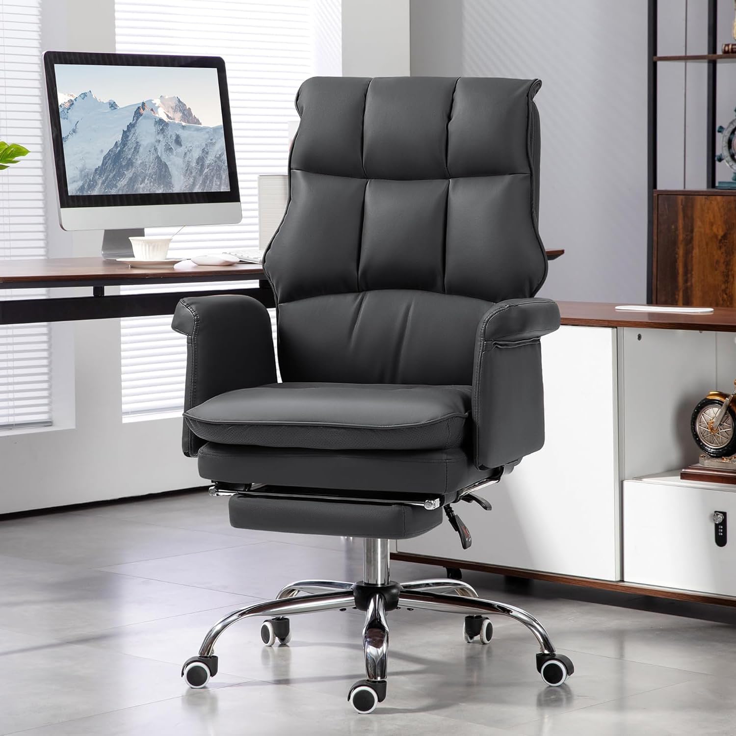 PU Leather Computer Chair with Footrest Backrest - Ergonomic Office Chair, with Mouse Pad, 360°Swivel Desk Chair, High Back & Adjustable Height Computer Table Chair, for Home Office (Black)