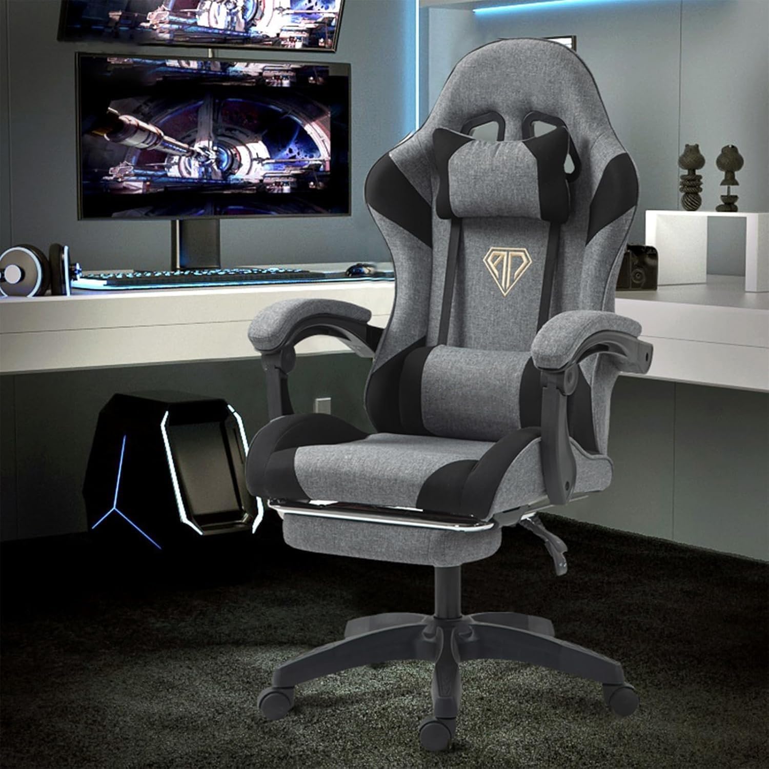 Wemart Gaming Chair, Computer Chair with Fabric?Office Chair with Armrest & Adjustable Seat, Ergonomic Video Game Chair with Neck and Massage Lumbar Support (grey)-GCC Home Center