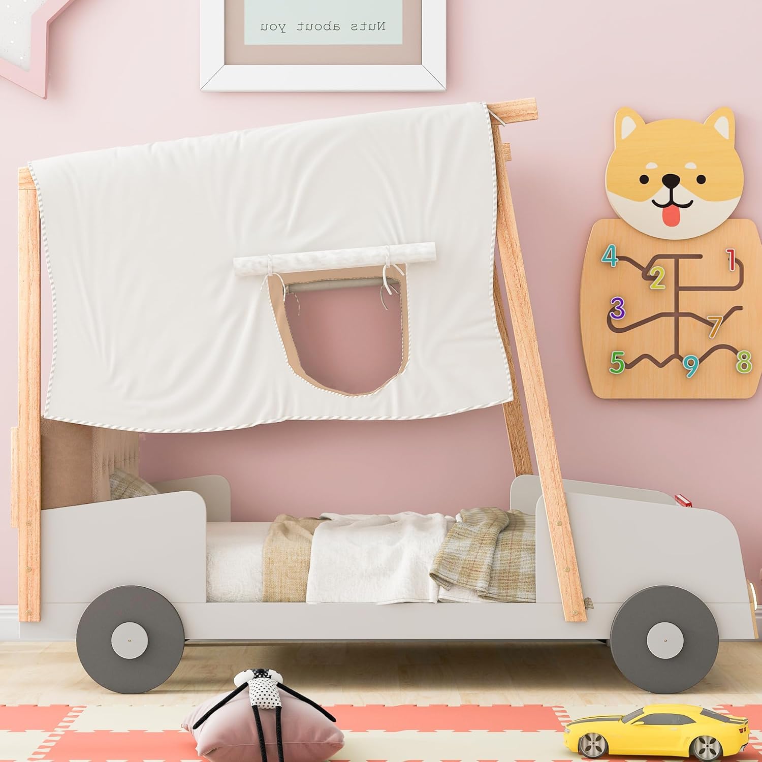 Twin Size kid Car Bed with Pillow & Car Headlights Shaped LED Light,Wood Kid Bed Frame W/Ceiling Cloth & Magazine Holder,Toy Bedroom Furniture for Boys Toddlers Child,Natural