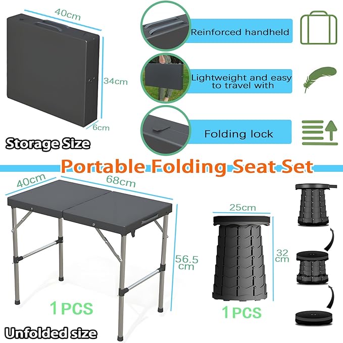 Portable Folding Camping Table and Stool Set (Black, Adjustable Height, 68x40x55cm)