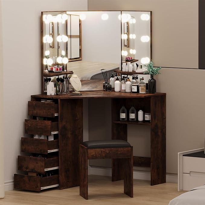Vanity Desk with Mirror and Lights, Large Dressing Tables with Charging, 5 Drawers, Shelves and Vanity Stool-GCC Home Center