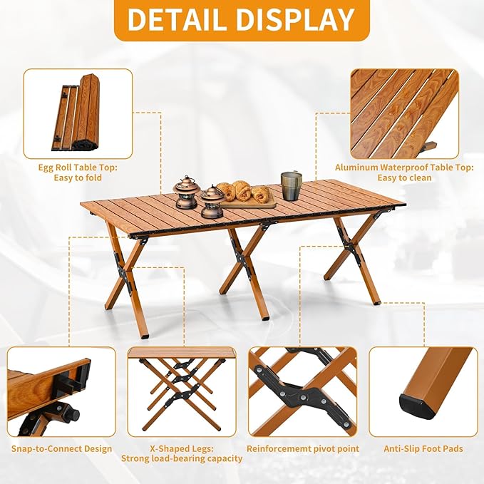 Roll-Up Metal Folding Table For Outdoor Events with Carry Bag – Brown, 120 x 60 cm