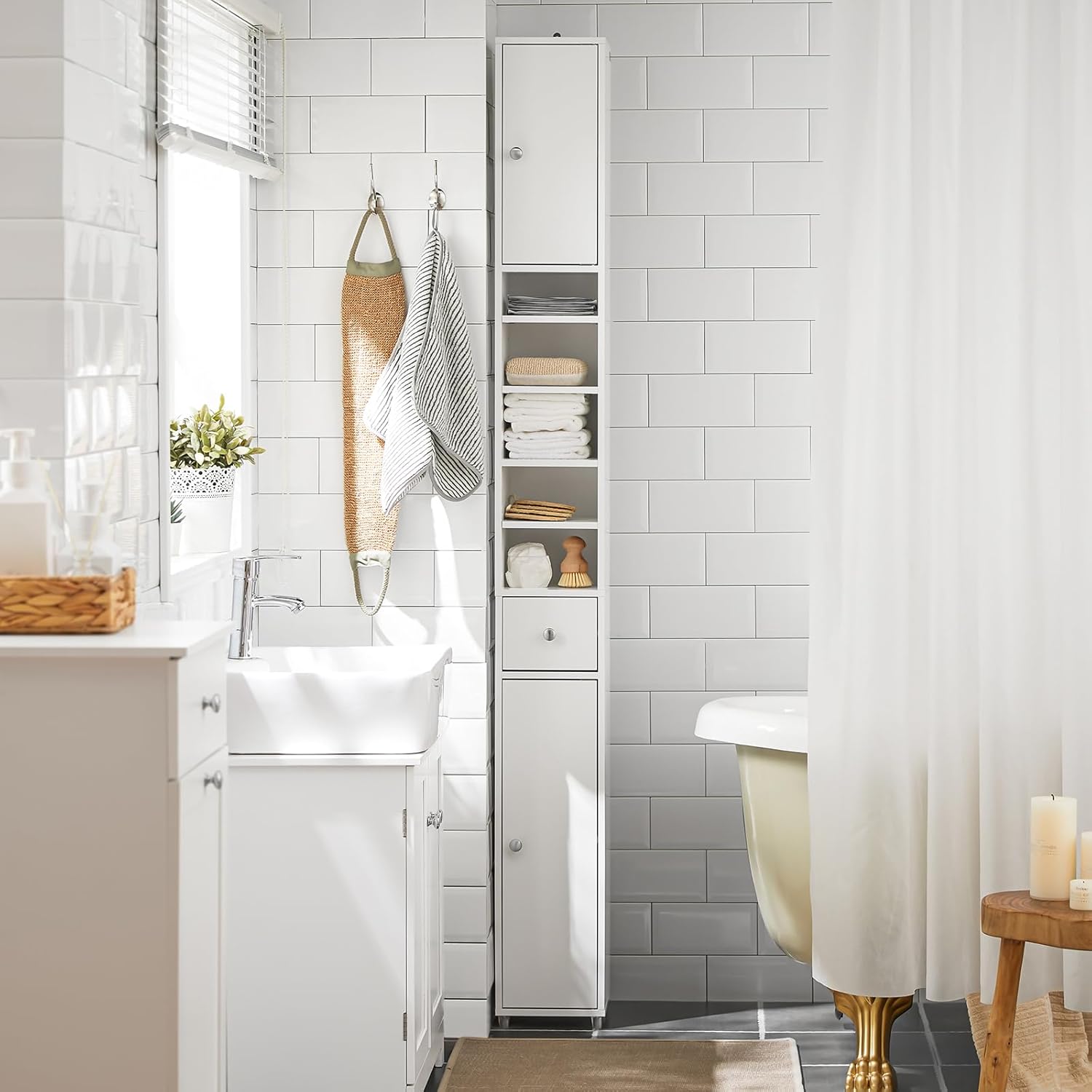 (Dubai Stock) SoBuy مجلس الوزراء Storage Cabinet Drawer Cabinet bathroom storage Bathroom Tall Cabinet 20x20x180cm (white) BZR34-W