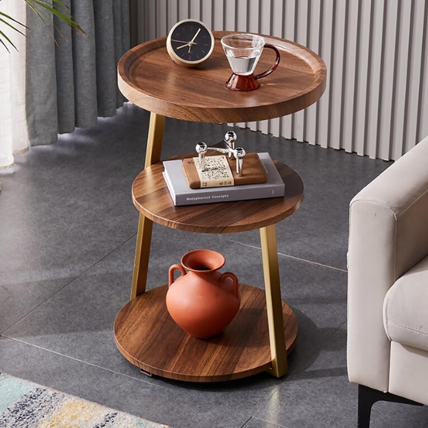 DAYONG 3-Tier End Table, Sofa Side Table, Movable Nightstand, Modern Corner Table, Tea Cabinet for Living Room, Bedroom, Office & Balcony, Easy to Assemble (Gold Frame)